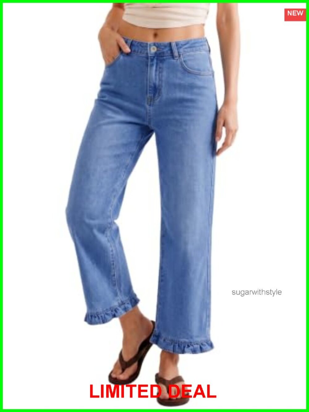 Wide Straight Leg Stretch Denim Jeans Mid Rise Ruffle Detail